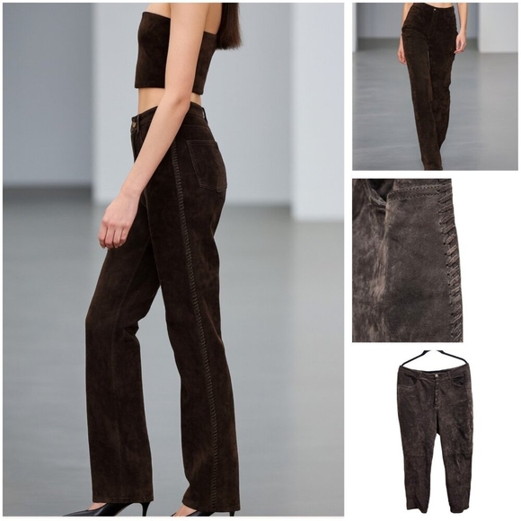 Chico's Suede Brown 100% Leather Women's Pants Size 25 Seam Detailing
